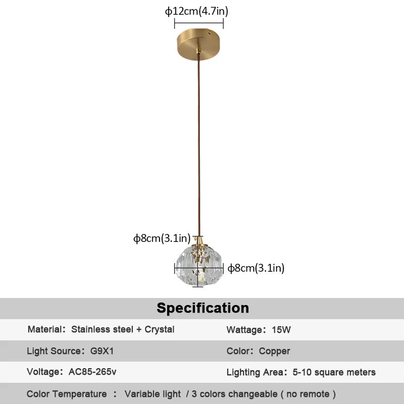 Suspension moderne boule cristal or transparent led plafonnier chambre salon étude