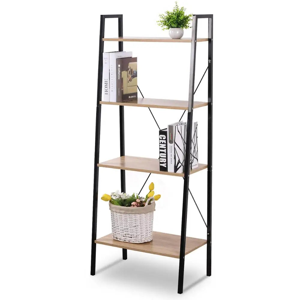 Étagère en échelle 4 niveaux bois et métal dans un salon moderne