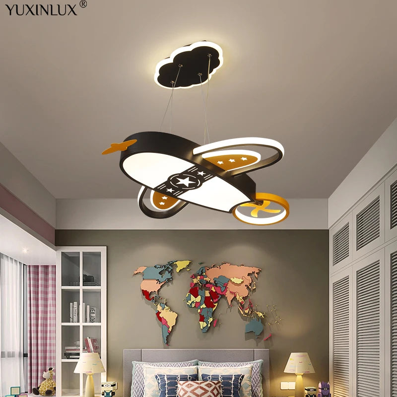 Luminaire avion LED suspendu noir pour chambre d'enfant