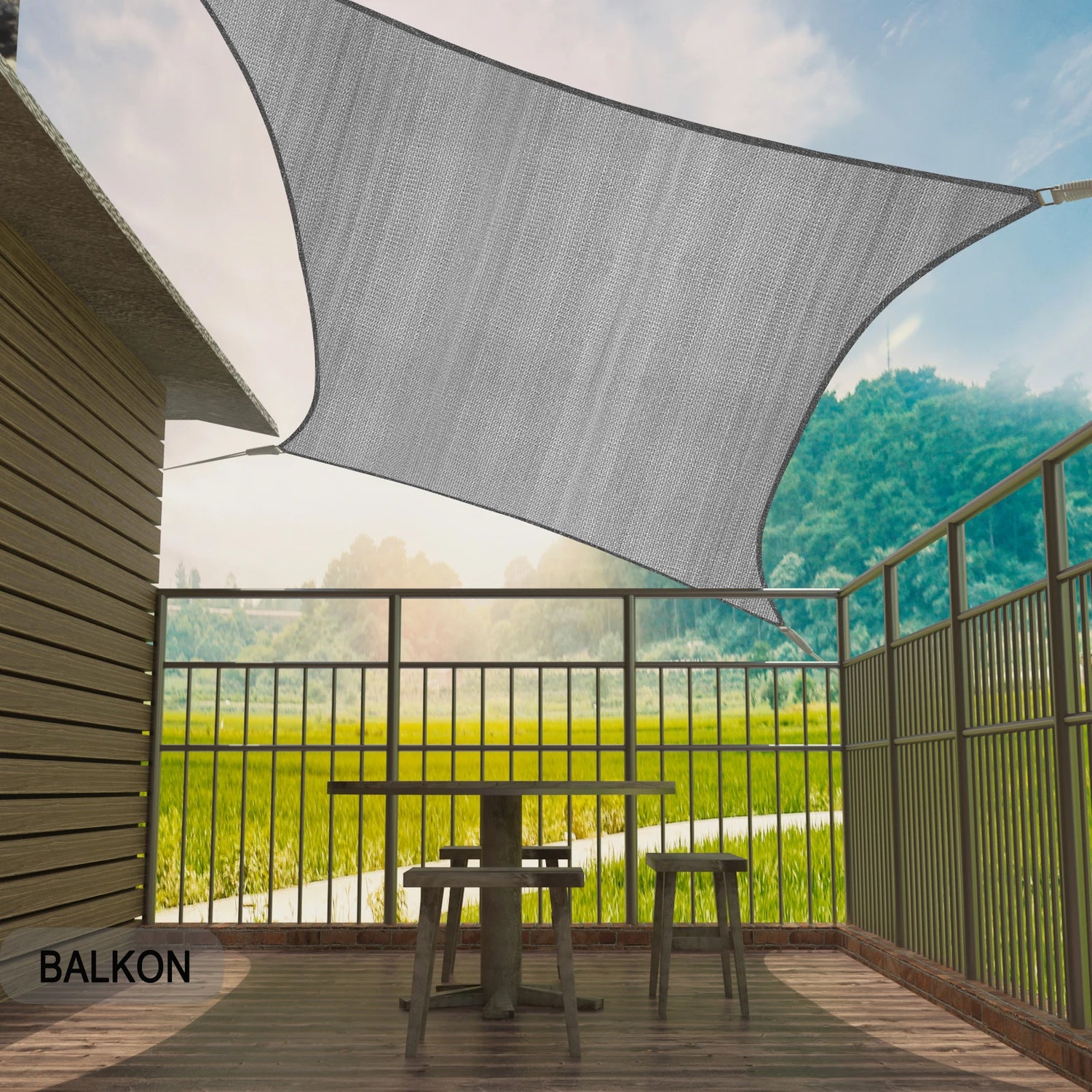 Voile d'ombrage rectangulaire grise 2x3 m installée sur terrasse