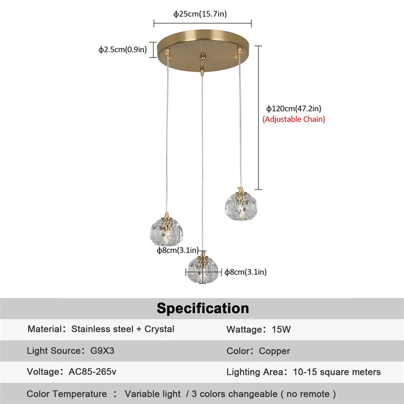 Suspension moderne boule cristal or transparent led plafonnier chambre salon étude