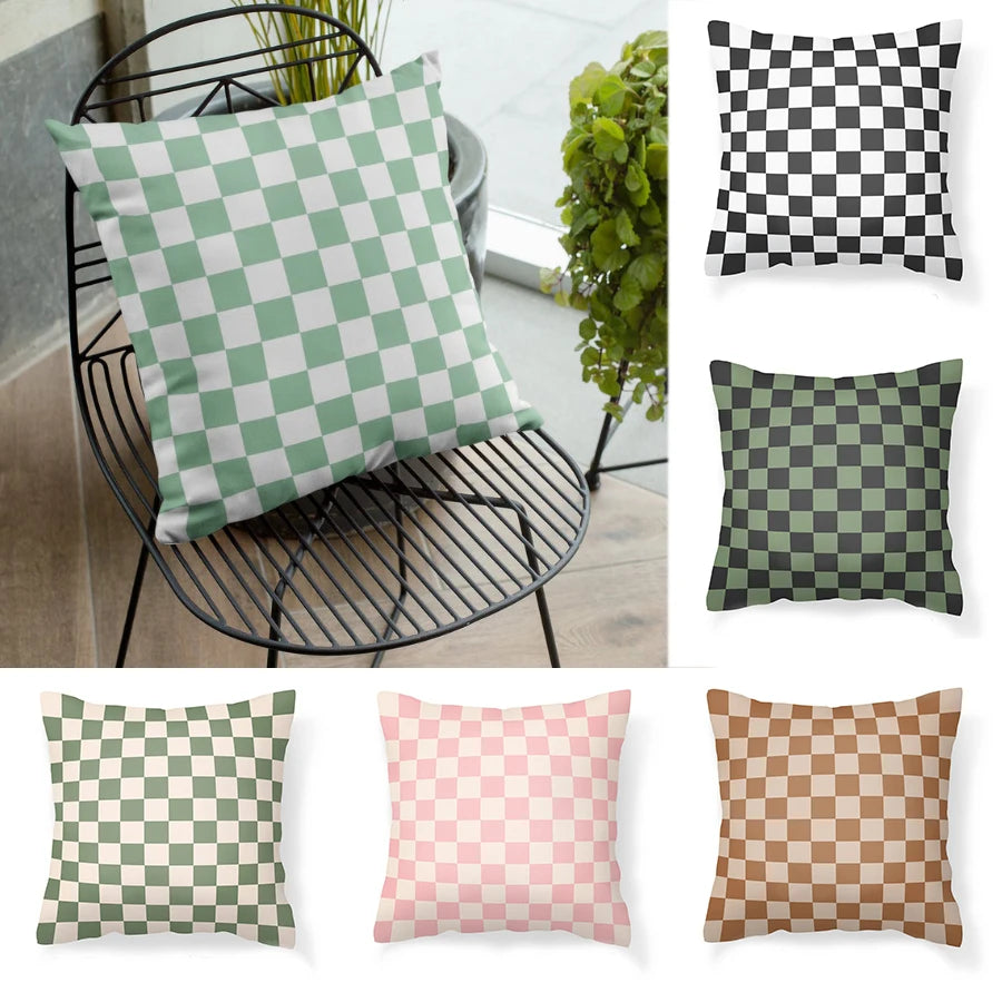 housse coussin velours carreaux vert clair blanc moderne nordique décoration intérieure lit canapé salon