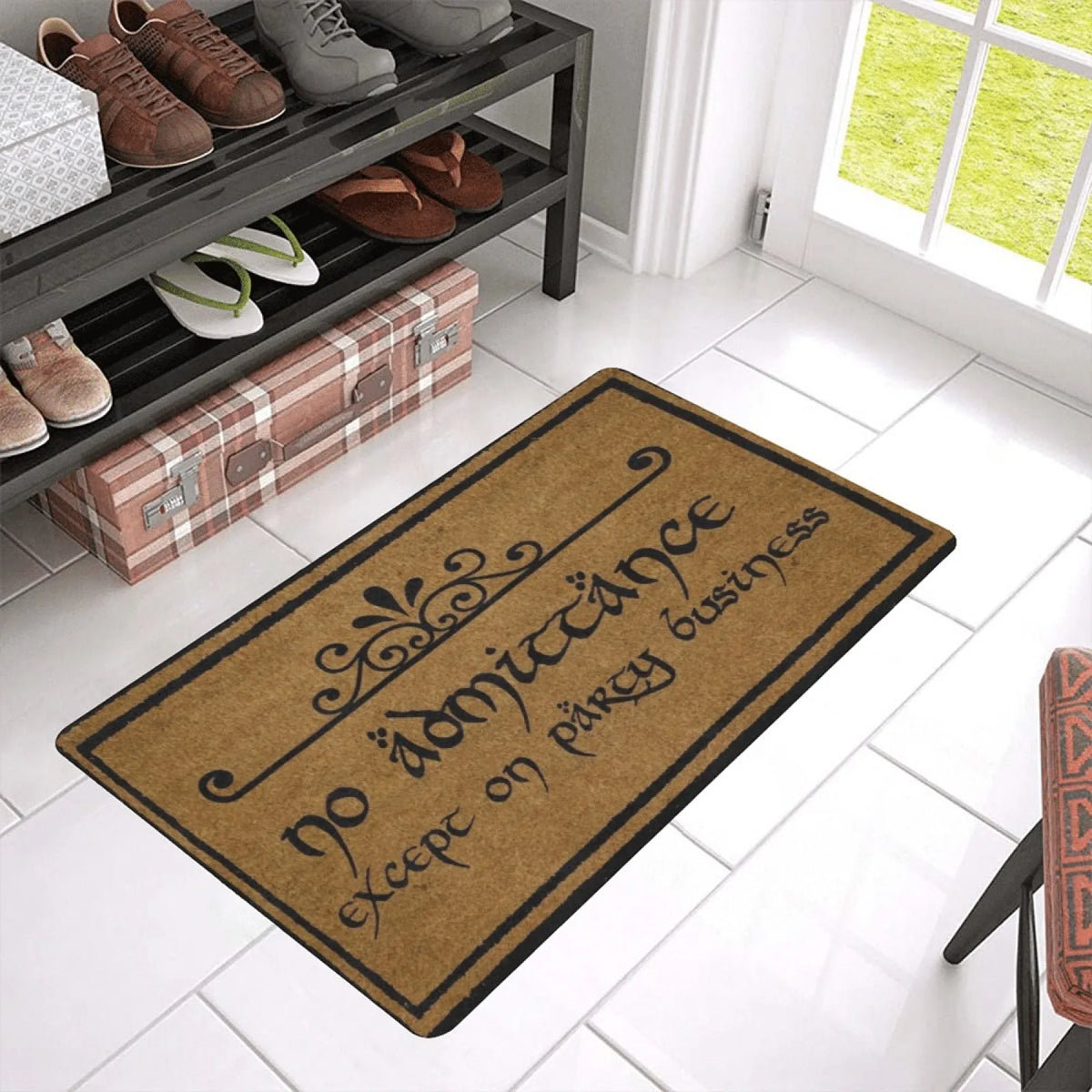 tapis d'entrée antidérapant marron lettrage noir bordure extérieur bain porte classic