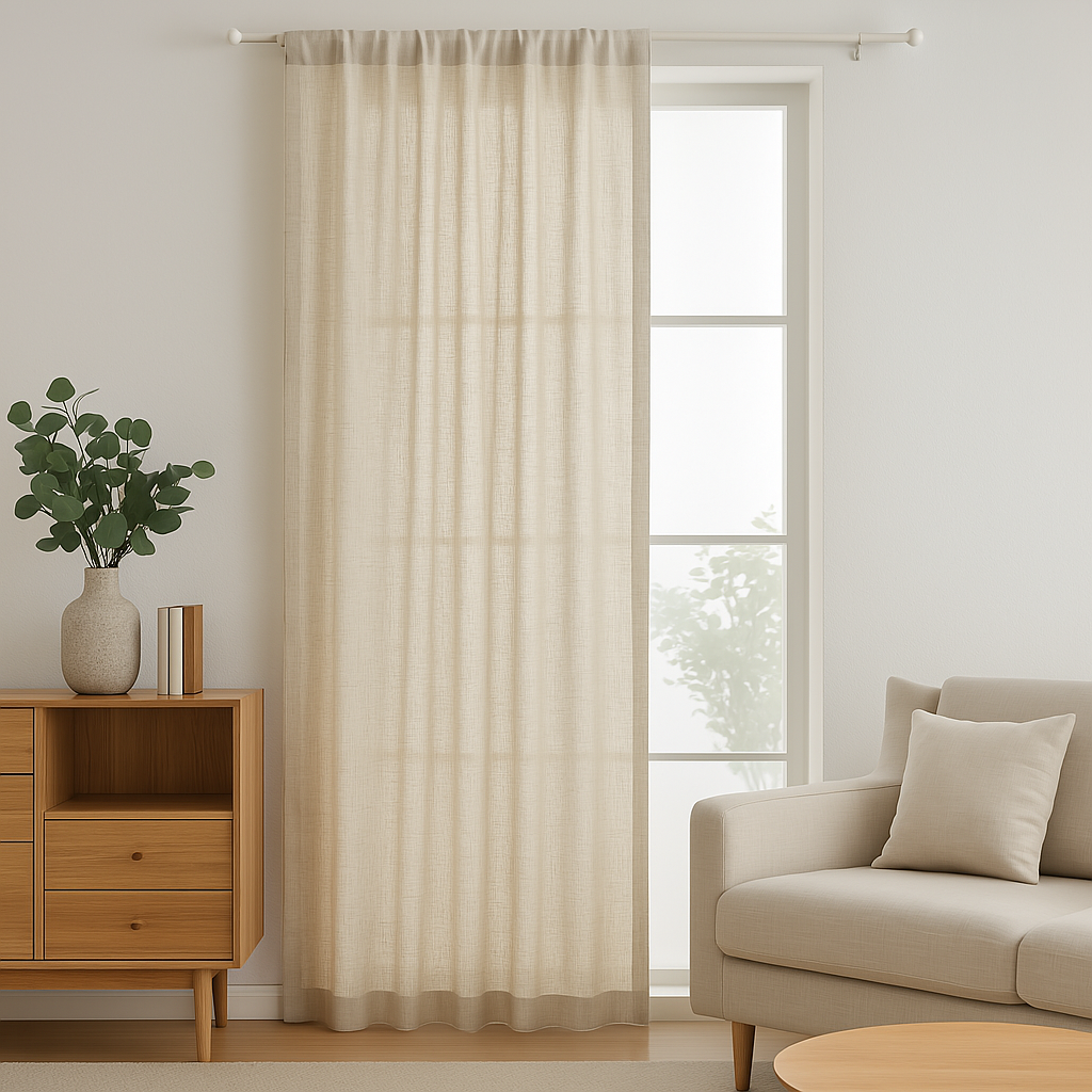 Voilage effet lin naturel suspendu dans un coin de salon moderne et lumineux, avec une décoration minimaliste et des meubles en bois clair.