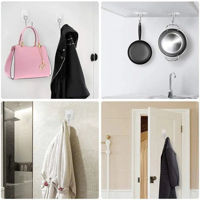 Crochets adhésifs multifonctions pour organiser votre maison. Idéaux pour suspendre des sacs à main, vestes, casseroles, peignoirs et manteaux. Optimisez l'espace dans votre cuisine, salle de bain et entrée. Solution pratique et efficace pour le rangement quotidien.