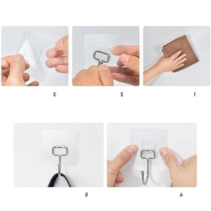 Crochets adhésifs transparents pour organisation murale, adaptés aux surfaces lisses, faciles à installer, idéaux pour suspendre divers objets à la maison sans perçage, image montrant les étapes de montage.
