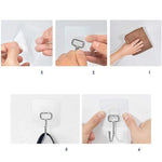 Crochets adhésifs transparents pour organisation murale, adaptés aux surfaces lisses, faciles à installer, idéaux pour suspendre divers objets à la maison sans perçage, image montrant les étapes de montage.