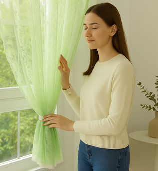 Femme élégante touchant un voilage vert en dentelle près d'une fenêtre, ambiance douce et naturelle dans une pièce lumineuse.