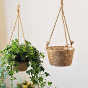 porte plante suspendue tressée corde bohème rustique panier beige marron fixations cordes