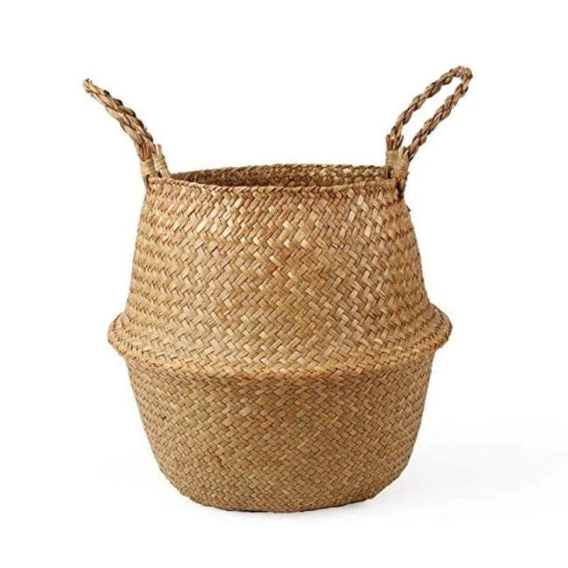 Panier tressé décoratif avec poignées, idéal pour le rangement ou comme cache-pot dans un intérieur moderne et cosy. Accessoire pratique pour l'organisation et l'embellissement de votre espace de vie.