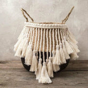 panier bohème tressé franges pompons beige noir blanc rustique ethnique