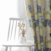 rideau bohème motifs feuilles semi transparent jaune pâle bleu marron blanc