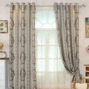rideau floral motif baroque beige ornements classiques métalliques tringle pompons semi opaques