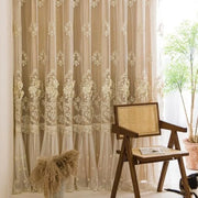 rideau bohème beige translucide texture texturée motifs floraux brodés plis flamands passe tringle 100x250cm