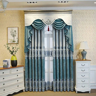 rideau bleu turquoise motifs blancs géométriques voilage transparent classique volants