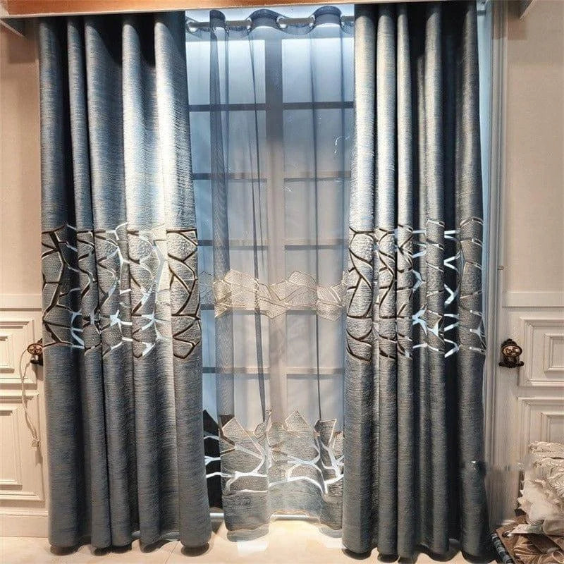 Rideaux élégants bleus avec motifs géométriques, idéale pour sublimer votre salon ou chambre à coucher. Transformez votre espace avec ces tentures opaques et stylées, offrant une touche moderne et raffinée à votre décoration intérieure.
