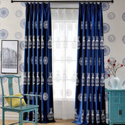 rideau opaque bleu roi motifs asiatiques transparent voilage plis flamands tringle