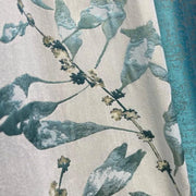 rideau floral opaque motif branches feuilles bleu turquoise vert beige