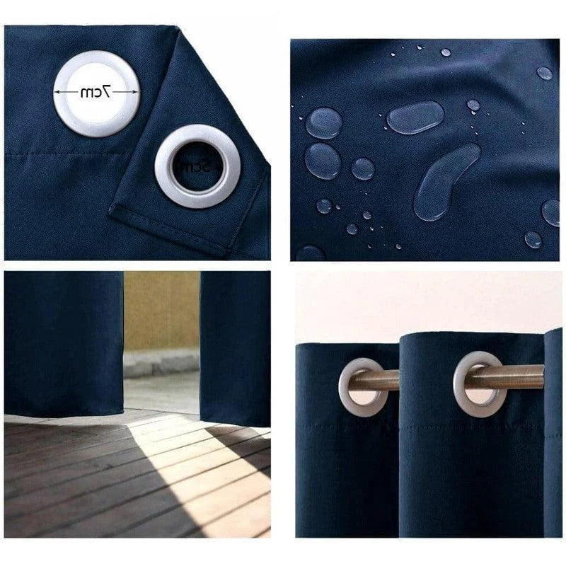 Rideau opaque bleu avec œillets de 7 cm. Idéal pour bloquer la lumière et offrir une protection contre l'eau grâce à sa résistance accrue. Parfait pour une installation simple avec une barre de rideaux classique. Conçu pour garantir l'intimité et optimiser le confort de votre intérieur. Parfait pour chambre, salon ou bureau.