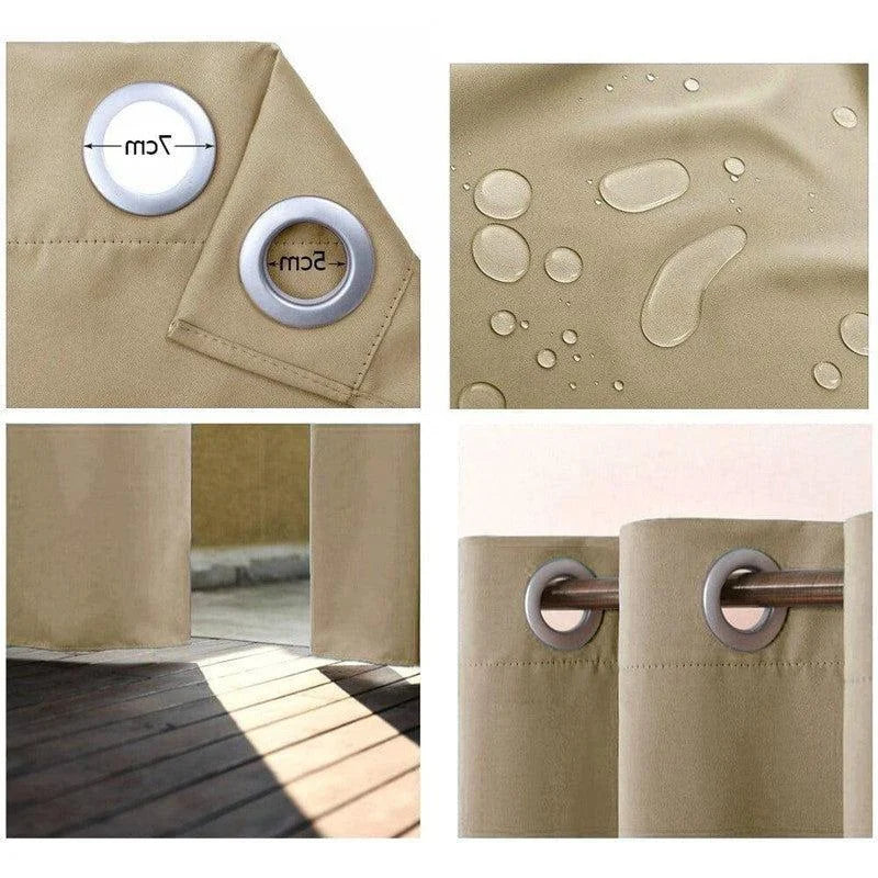 Rideau beige imperméable pour extérieur avec œillets de 7 cm, idéal pour bloquer la lumière solaire. Protection efficace contre l'humidité, conçu pour terrasses et balcons. Installation facile, design élégant et moderne pour une décoration raffinée de vos espaces extérieurs.