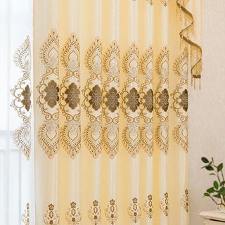 rideau floral beige marron semi transparent classique fronces boucles tringle decoration chambre