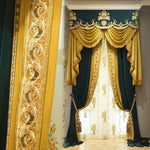 Rideaux de luxe élégants avec motifs brodés dorés et détails sophistiqués, parfaits pour une décoration intérieure raffinée. Idéal pour le salon ou la chambre, ajoutant une touche d'élégance et de majesté à votre espace de vie. Découvrez ce design orné avec une combinaison de couleurs riche pour un effet visuel impressionnant et luxueux.