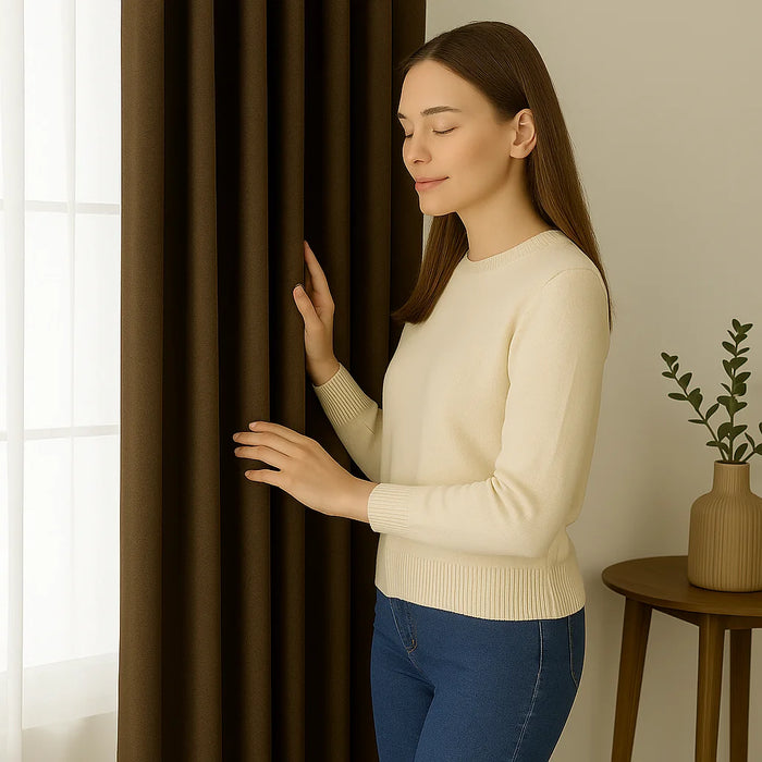 Femme touchant un rideau occultant couleur café installé dans un salon lumineux, créant une ambiance cosy et feutrée.
