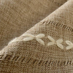 Gros plan sur un tissu élégant avec une délicate broderie florale, idéal pour une décoration intérieure chic et naturelle. Conçu pour ajouter une touche artisanale à tout espace de vie, ce tissu raffiné offre une esthétique sobre et intemporelle. Parfait pour les amateurs de design raffiné cherchant à optimiser le confort et la beauté de leur intérieur.