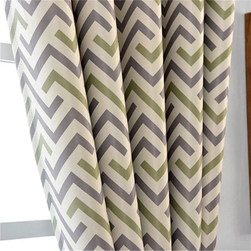 Rideaux à motifs géométriques zigzag, couleur verte et grise, style moderne pour décoration intérieure, ajout élégant et tendance pour salon ou chambre, idéal pour personnaliser votre espace tout en filtrant la lumière.