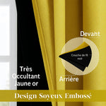 Gros plan sur un rideau très occultant jaune or avec couche intérieure noire. La coupe transversale illustre la composition triple couche pour une meilleure opacité et un rendu haut de gamme. Texte en français "Devant", "Arrière" et "Couche de fil noir".