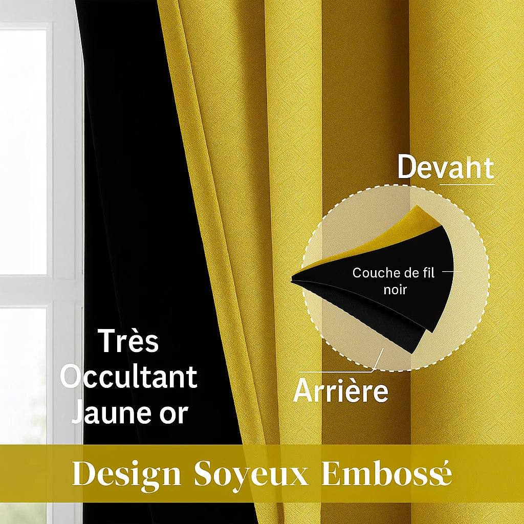 Gros plan sur un rideau très occultant jaune or avec couche intérieure noire. La coupe transversale illustre la composition triple couche pour une meilleure opacité et un rendu haut de gamme. Texte en français "Devant", "Arrière" et "Couche de fil noir".