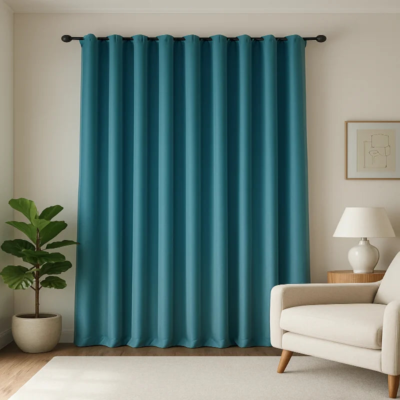 Rideau coupe froid bleu turquoise clair installé dans un salon lumineux au style minimaliste et épuré