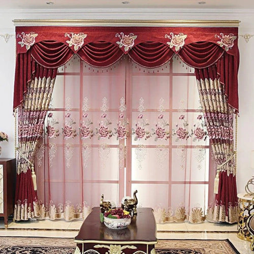 Rideaux de salon élégants avec motifs floraux roses, combinant style classique et riche pour une décoration intérieure raffinée. Idéals pour embellir vos fenêtres tout en apportant une touche de luxe et de sophistication à votre espace de vie. Accessoires parfaits pour un intérieur chaleureux et accueillant.