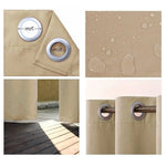 Rideau beige avec œillets métalliques de 4 cm de diamètre, imperméable grâce à sa finition spéciale. Parfait pour une utilisation en extérieur comme sur une terrasse ou un patio. Ajustement facile sur une tringle grâce aux anneaux intégrés. Design élégant et fonctionnel, idéal pour protéger des éléments tout en ajoutant une touche décorative à votre espace extérieur.
