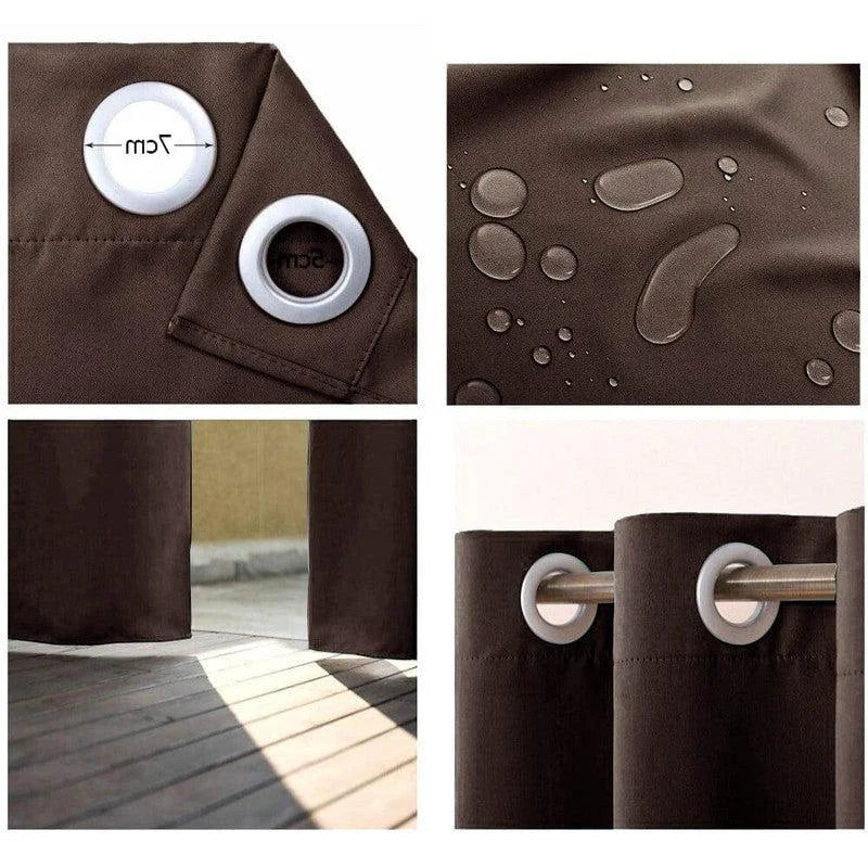 Rideau marron imperméable avec œillets de 7 cm de diamètre, parfait pour bloquer la lumière et protéger des intempéries. Design élégant adapté aux espaces extérieurs comme la terrasse, assurant confort et intimité. Idéal pour ajouter une touche de sophistication à votre décoration extérieure.