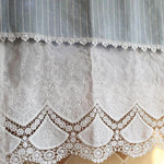 Décoration élégante avec dentelle blanche et bordure à motifs géométriques, rehaussée de détails sophistiqués brodés, idéal pour une ambiance raffinée et charmante dans la maison.