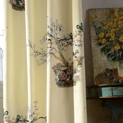 rideau cuisine motif floral oiseaux beige crème vert rose marron champêtre