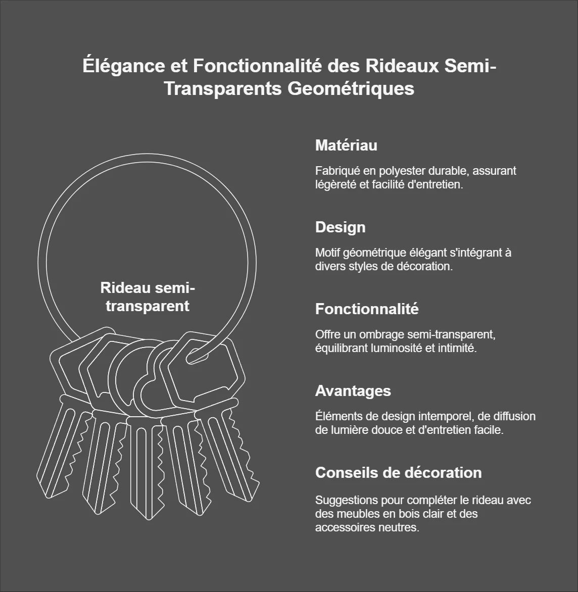 Rideaux semi-transparents avec design géométrique élégant, optimisant à la fois style et fonctionnalité. Ces rideaux offrent une diffusion de lumière équilibrée, apportant une touche moderne à votre décoration intérieure. Parfaits pour améliorer l'intimité sans sacrifier la luminosité naturelle. Conseils de décoration inclus pour intégrer facilement avec des meubles en bois clair et des accessoires neutres.