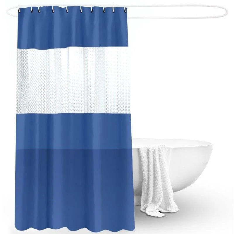 Rideau de douche bleu et blanc moderne avec motif central transparent, idéal pour une salle de bain tendance. Ajoute une touche de design tout en préservant l'intimité. Accessoire pratique et esthétique pour améliorer votre espace bain.