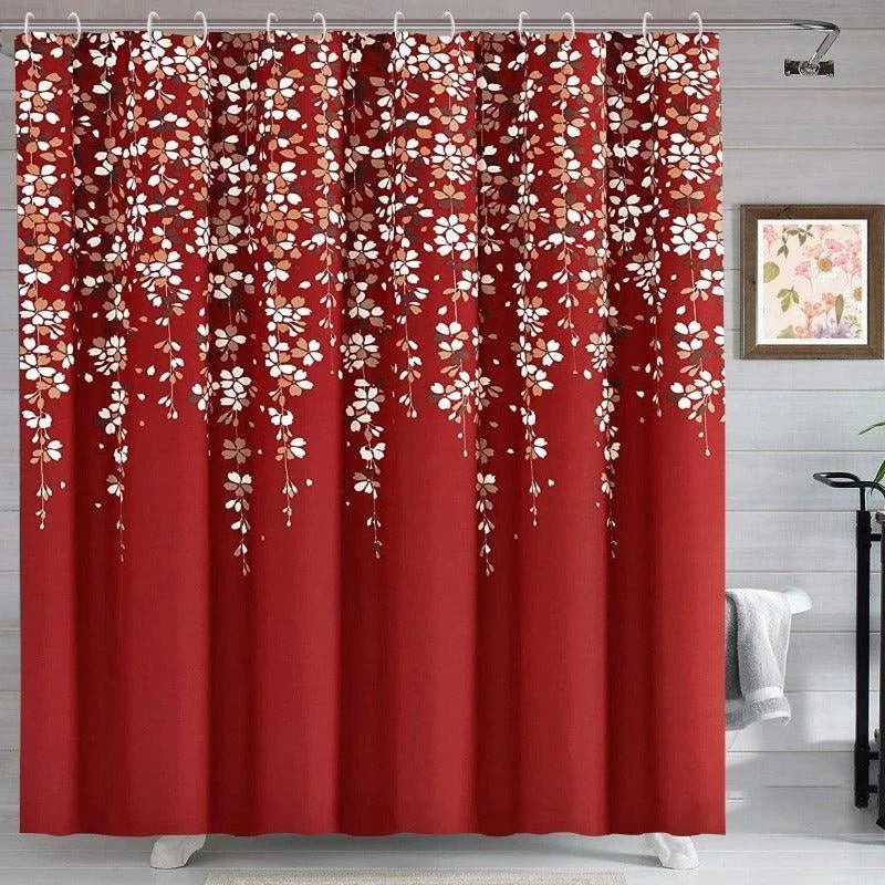 Rideau de douche rouge élégant avec motif floral blanc, parfait pour ajouter une touche de sophistication et de style à votre salle de bain moderne. Design attrayant et contemporain, idéal pour rehausser la décoration intérieure de votre espace. Accessoire de salle de bain tendance pour une ambiance rafraîchissante et accueillante.