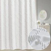 rideau douche blanc motif géométrique texturé moderne salle bain decoration unique épuré
