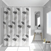 rideau douche moderne motif feuilles noir gris salle bain blanc minimaliste tringle