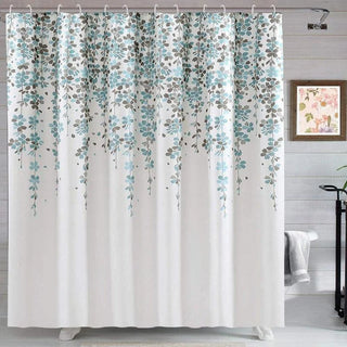 rideau douche floral motifs végétaux blanc bleu clair marron métalliques tringle dimension variable