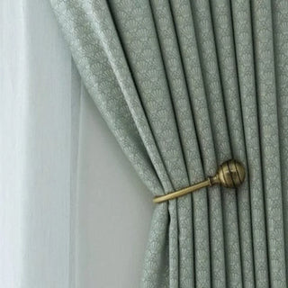 rideau vert sage motif coquillage tissage apparent art deco tringle anneaux dorés chambre salon