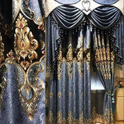 rideau opulent motif floral brodé semi transparent or noir rouge bleu baroque
