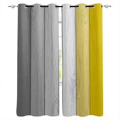 Rideaux modernes à motifs bois avec anneaux, combinant des tons gris et jaune pour un style contemporain, idéal pour embellir un salon ou une chambre. Solution parfaite pour ajouter une touche élégante et chaleureuse à votre décoration intérieure. Installation facile et ajustement sur tout type de tringle à rideaux.