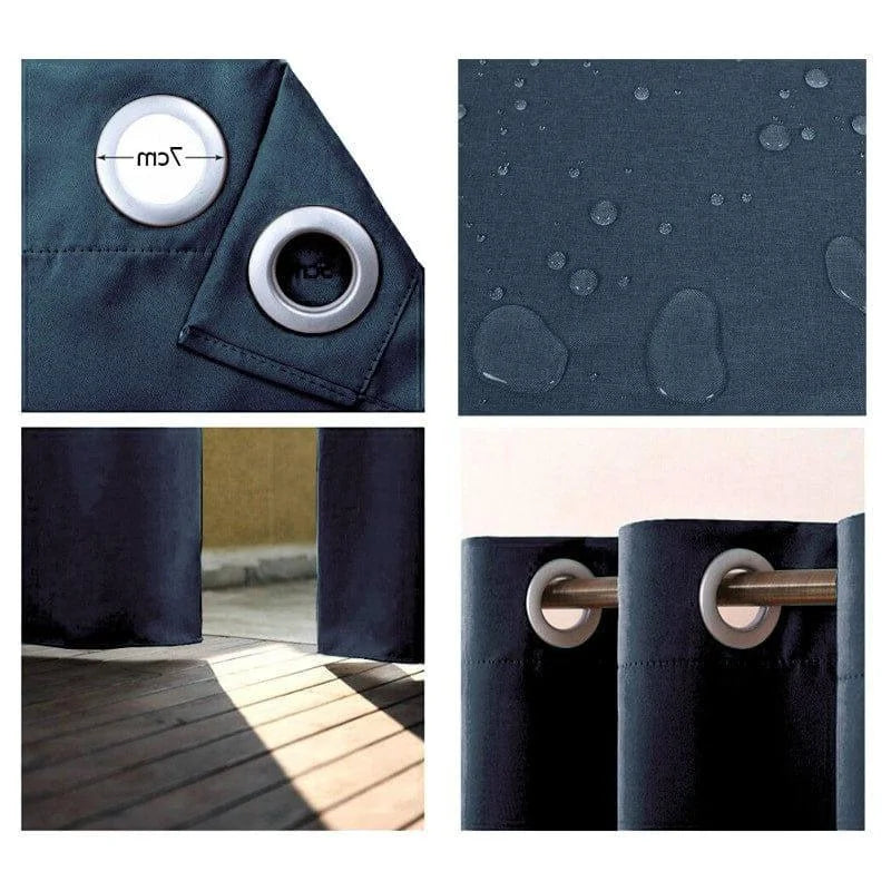 Rideau d'extérieur bleu foncé avec œillets métalliques, résistant à l'eau, idéal pour terrasses et balcons. Conçu pour bloquer la lumière et offrir intimité et élégance. Dimensions généreuses pour une couverture optimale. Apporte une touche moderne à votre espace extérieur.