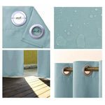 Rideaux occultants bleu clair avec œillets de 4 cm de diamètre, imperméables et parfaits pour terrasse. Bloquent efficacement la lumière. Solution idéale pour une décoration moderne et fonctionnelle. Faciles à installer et à entretenir.