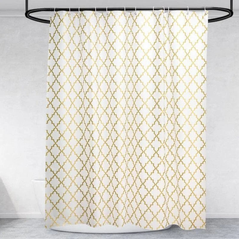 Rideau de douche élégant avec motifs géométriques dorés, idéal pour ajouter une touche chic et moderne à votre salle de bain. Design raffiné convenant à tout type de décor intérieur. Facile à installer et parfait pour protéger votre salle de bain des éclaboussures tout en apportant une ambiance sophistiquée.