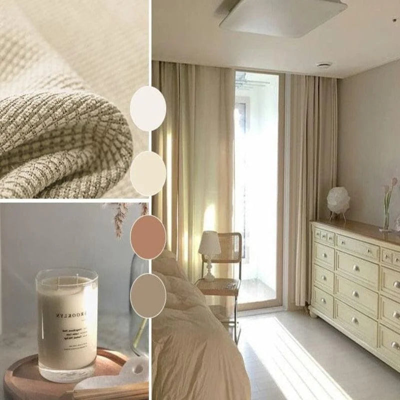 Chambre élégante aux teintes naturelles comprenant des rideaux assortis, une commode vintage, et une bougie apaisante, idéale pour une ambiance chaleureuse et relaxante. Les couleurs douces ajoutent une touche de sophistication et de confort à l’espace. Parfait pour une décoration intérieure moderne et harmonieuse.